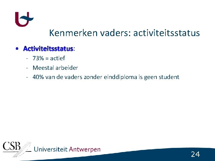 Kenmerken vaders: activiteitsstatus : - 73% = actief - Meestal arbeider - 40% van