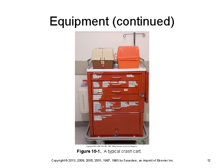 Equipment (continued) Figure 10 -1. A typical crash cart. Copyright © 2013, 2009, 2005,