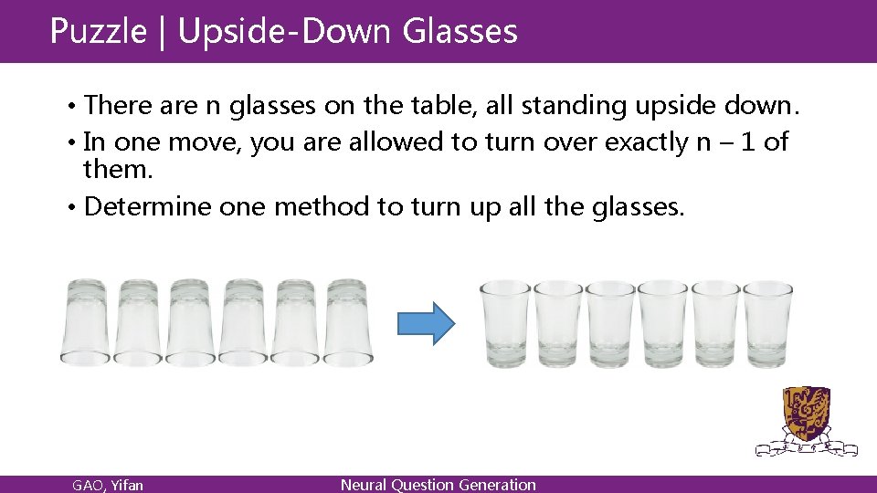 Puzzle | Upside-Down Glasses • There are n glasses on the table, all standing