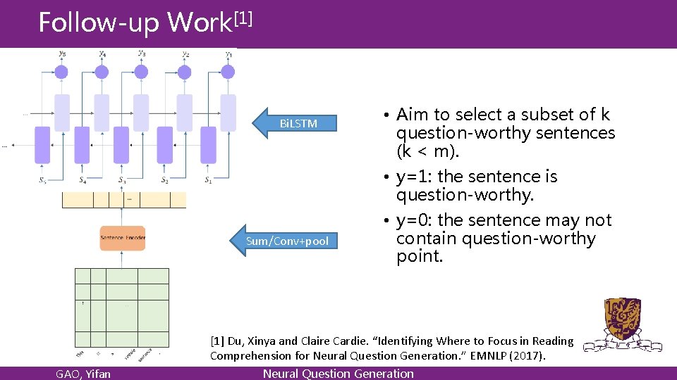 Follow-up Work[1] Bi. LSTM Sum/Conv+pool • Aim to select a subset of k question-worthy