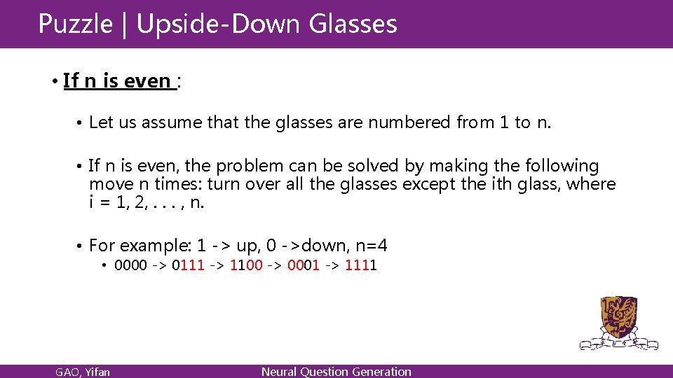 Puzzle | Upside-Down Glasses • If n is even : • Let us assume Puzzle | Upside-Down Glasses • If n is even : • Let us assume