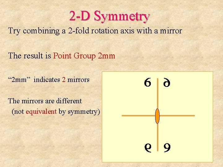 2 -D Symmetry Try combining a 2 -fold rotation axis with a mirror The