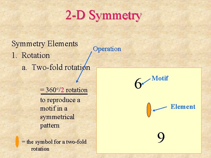 2 -D Symmetry Elements Operation 1. Rotation a. Two-fold rotation = the symbol for