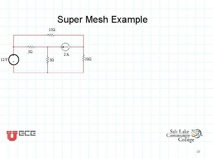 Super Mesh Example 15Ω + 12 V _ 5Ω 2 A 3Ω 10Ω 28 Super Mesh Example 15Ω + 12 V _ 5Ω 2 A 3Ω 10Ω 28