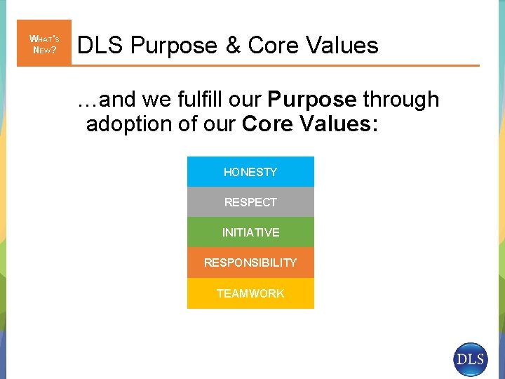 WHAT'S NEW? DLS Purpose & Core Values …and we fulfill our Purpose through adoption