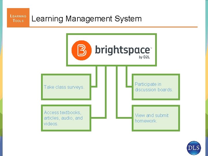 LEARNING TOOLS Learning Management System Take class surveys. Participate in discussion boards. Access textbooks,
