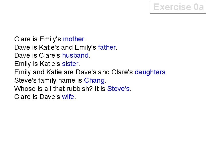 Exercise 0 a Clare is Emily's mother. Dave is Katie's and Emily's father. Dave