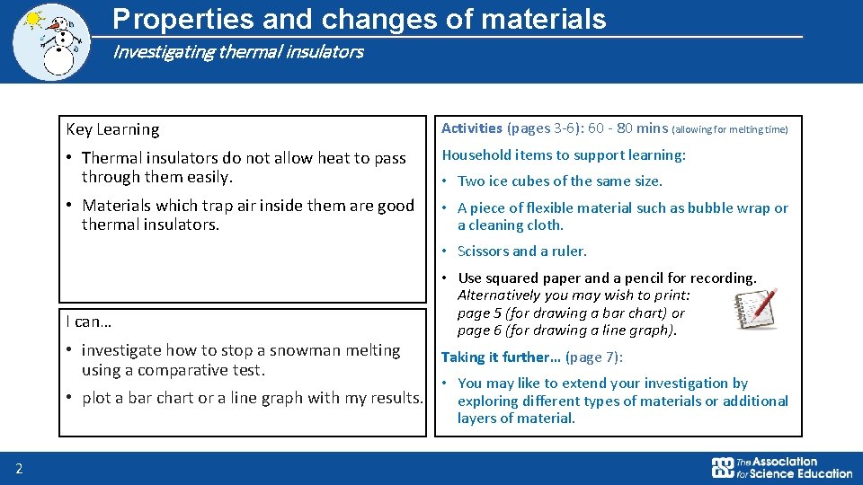 Properties and changes of materials Investigating thermal insulators Key Learning Activities (pages 3 -6): Properties and changes of materials Investigating thermal insulators Key Learning Activities (pages 3 -6):