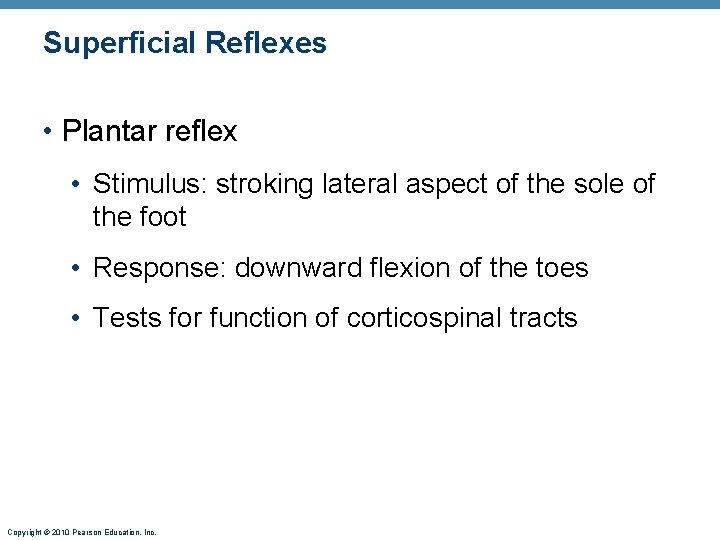 Superficial Reflexes • Plantar reflex • Stimulus: stroking lateral aspect of the sole of