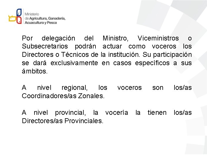Por delegación del Ministro, Viceministros o Subsecretarios podrán actuar como voceros los Directores o