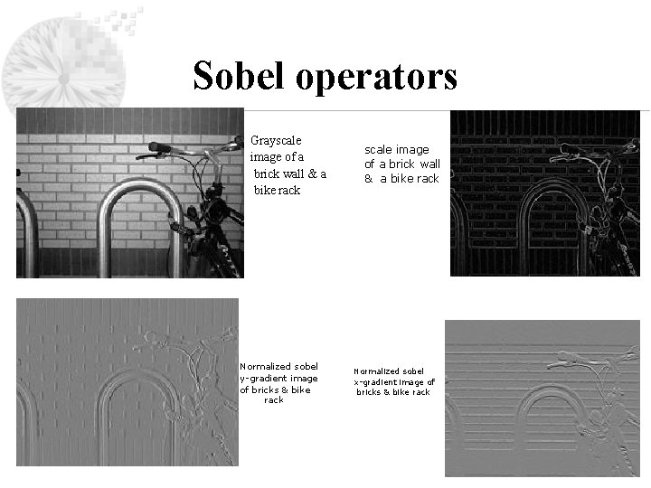 Sobel operators Grayscale image of a brick wall & a bike rack Normalized sobel