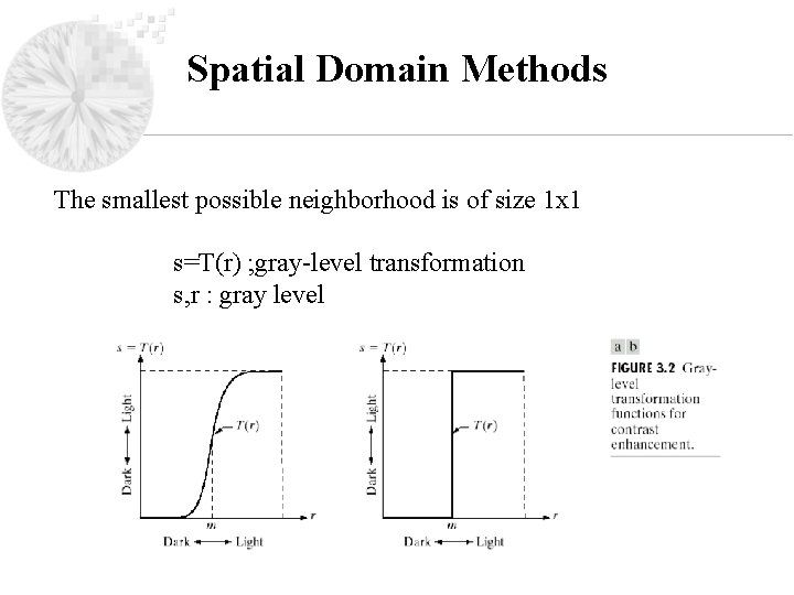 Spatial Domain Methods The smallest possible neighborhood is of size 1 x 1 s=T(r)