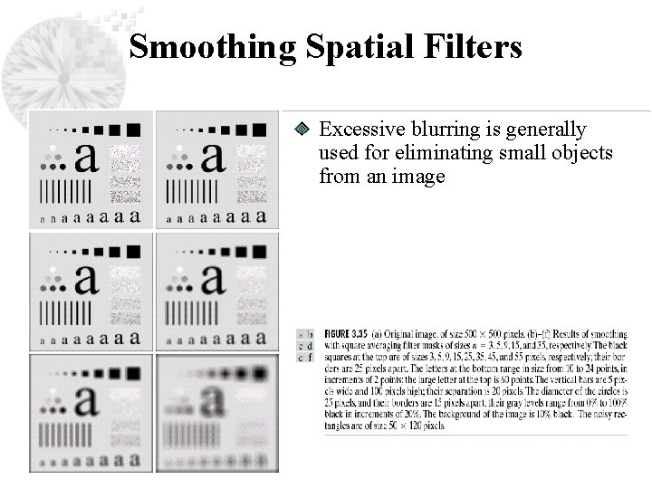 Smoothing Spatial Filters Excessive blurring is generally used for eliminating small objects from an