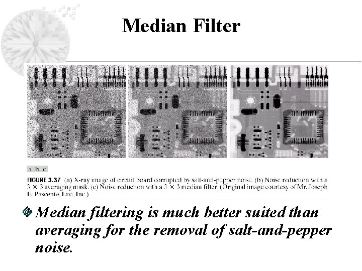 Median Filter Median filtering is much better suited than averaging for the removal of