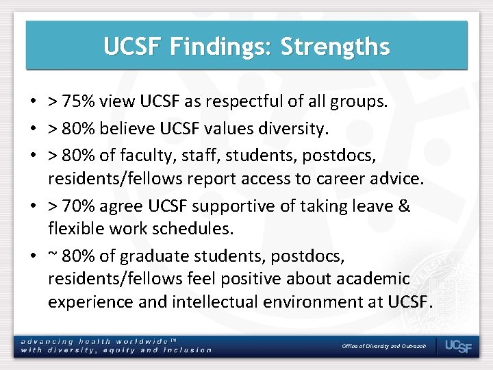 UCSF Findings: Strengths • > 75% view UCSF as respectful of all groups. •