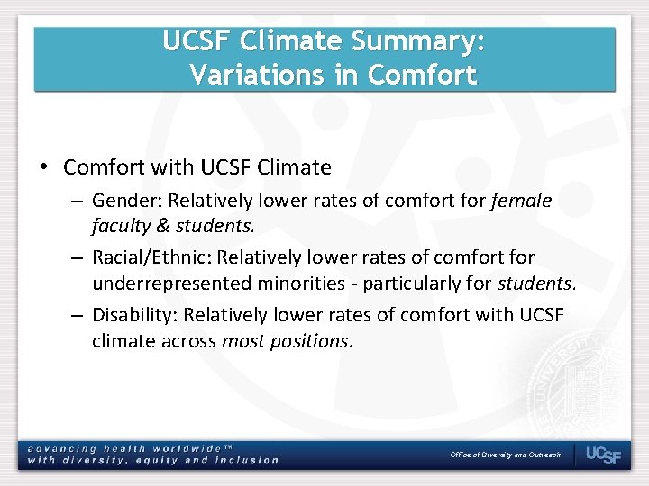 UCSF Climate Summary: Variations in Comfort • Comfort with UCSF Climate – Gender: Relatively