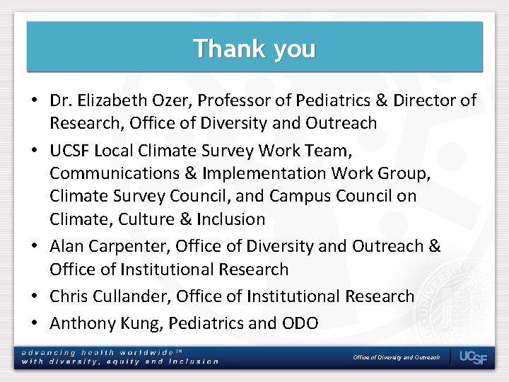 Thank you • Dr. Elizabeth Ozer, Professor of Pediatrics & Director of Research, Office