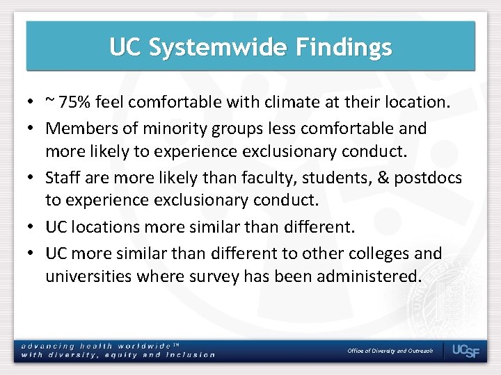 UC Systemwide Findings • ~ 75% feel comfortable with climate at their location. •