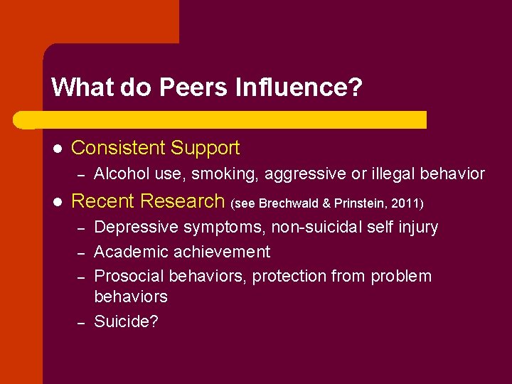 What do Peers Influence? l Consistent Support – l Alcohol use, smoking, aggressive or