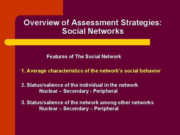 Overview of Assessment Strategies: Social Networks Features of The Social Network 1. Average characteristics