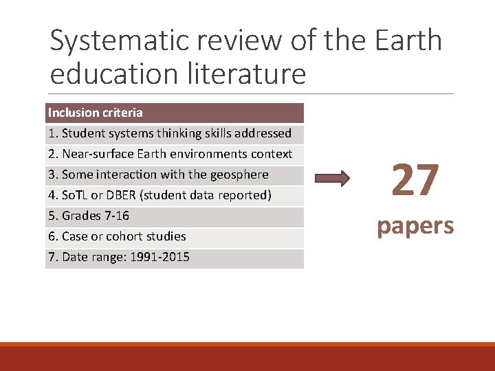 Systematic review of the Earth education literature Inclusion criteria 1. Student systems thinking skills