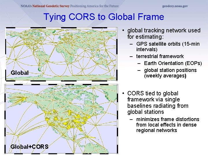 Tying CORS to Global Frame • global tracking network used for estimating: Global –