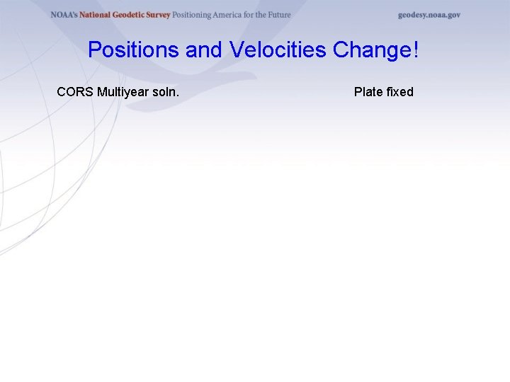 Positions and Velocities Change! CORS Multiyear soln. Plate fixed 