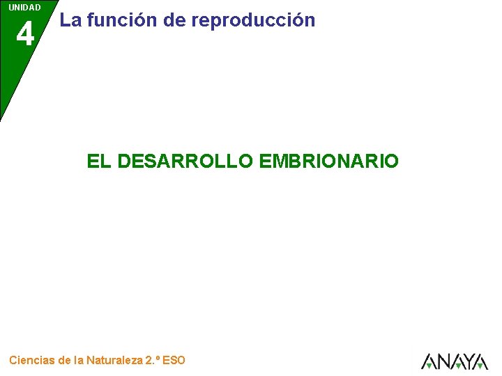 UNIDAD 4 La función de reproducción EL DESARROLLO EMBRIONARIO Ciencias de la Naturaleza 2.