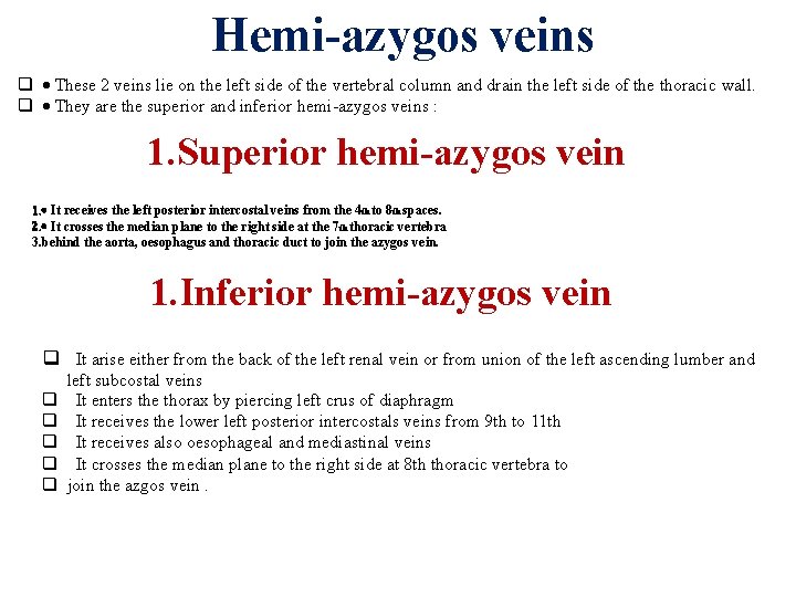 Hemi-azygos veins These 2 veins lie on the left side of the vertebral column