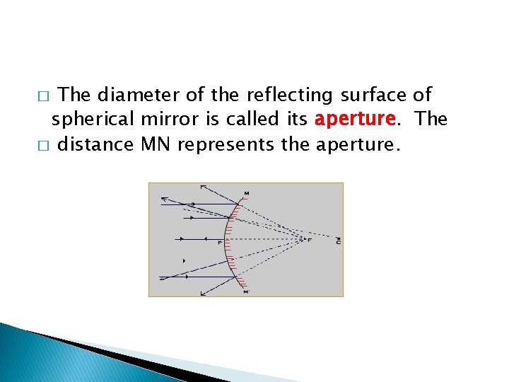 The diameter of the reflecting surface of spherical mirror is called its aperture. The