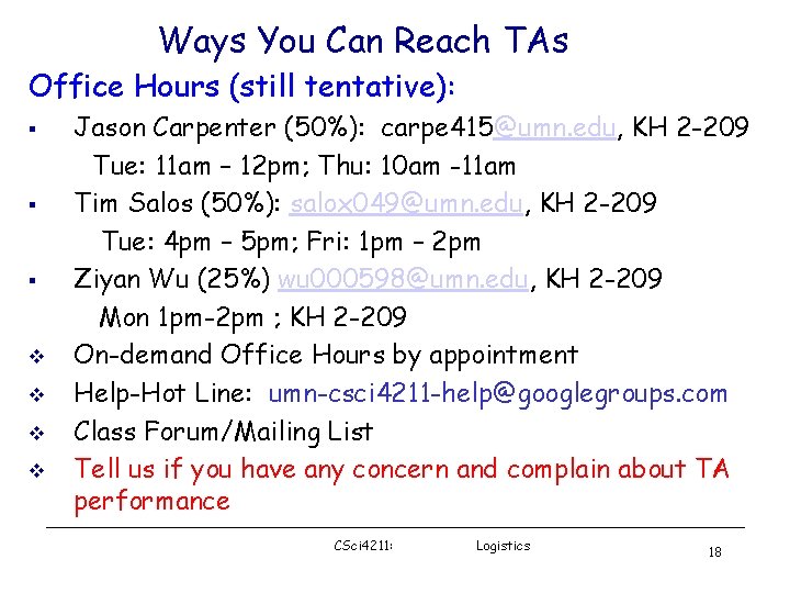 Ways You Can Reach TAs Office Hours (still tentative): § § § Jason Carpenter