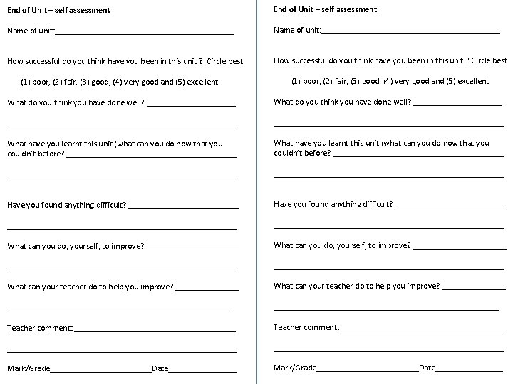 End of Unit – self assessment Name of unit: __________________________________________ How successful do you
