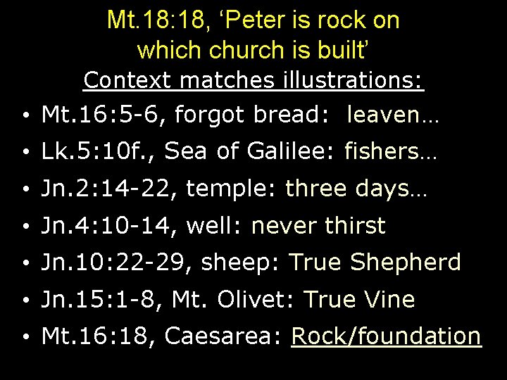 Mt. 18: 18, ‘Peter is rock on which church is built’ Context matches illustrations: