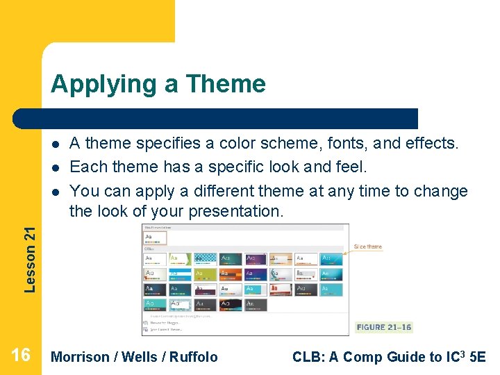 Applying a Theme l l Lesson 21 l A theme specifies a color scheme,