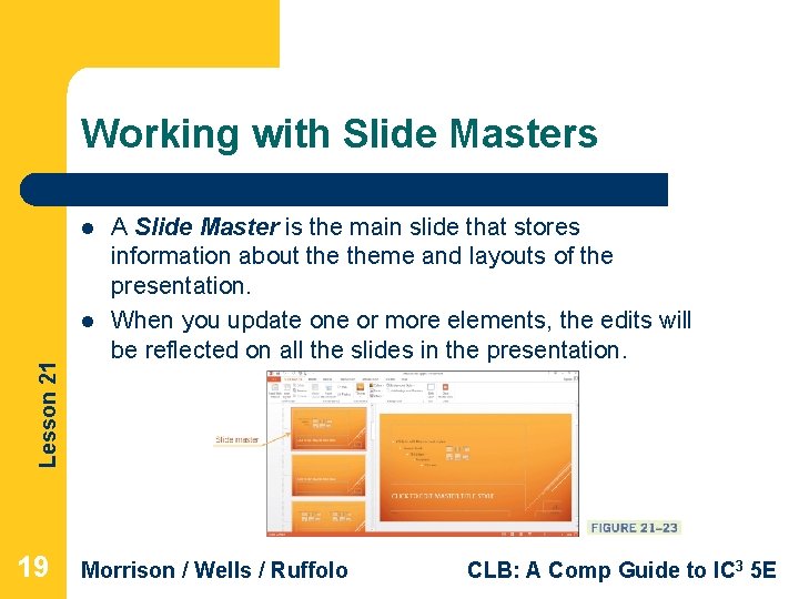 Working with Slide Masters l Lesson 21 l 19 A Slide Master is the