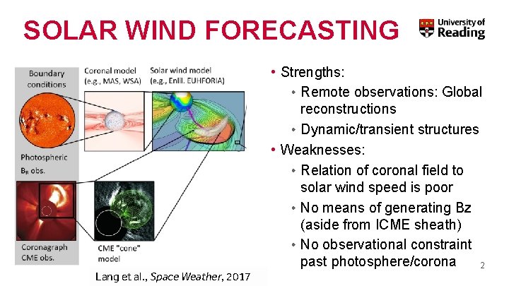 SOLAR WIND FORECASTING Lang et al. , Space Weather, 2017 • Strengths: • Remote