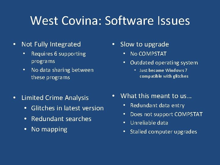West Covina: Software Issues • Not Fully Integrated • Requires 6 supporting programs •