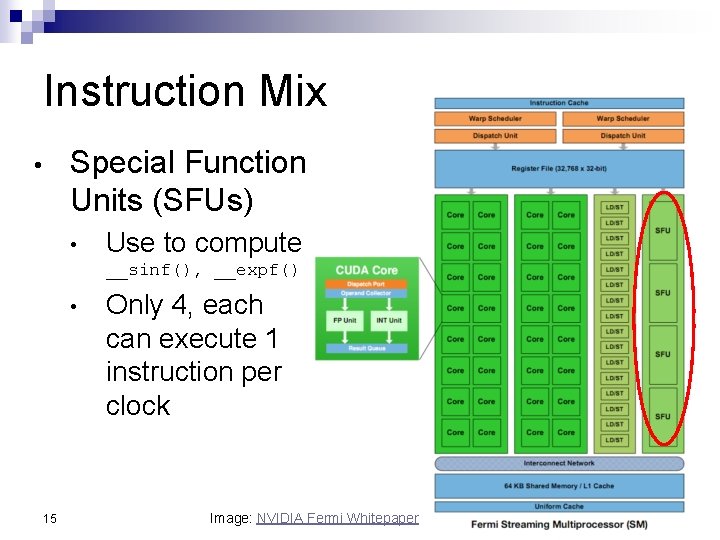 Instruction Mix Special Function Units (SFUs) • • Use to compute __sinf(), __expf() •