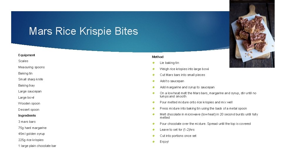 Mars Rice Krispie Bites Equipment Scales Method Lie baking tin Weigh rice krispies into