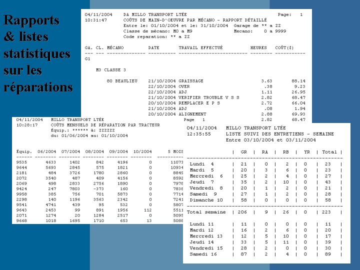 Rapports & listes statistiques sur les réparations 