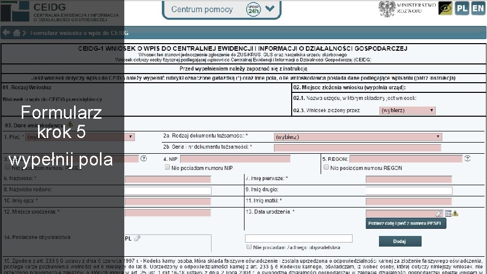 Formularz krok 5 wypełnij pola 