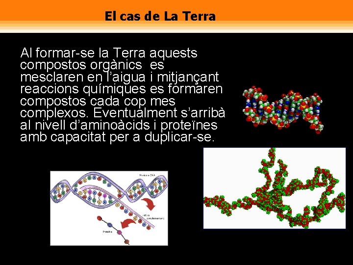 El cas de La Terra Al formar-se la Terra aquests compostos orgànics es mesclaren