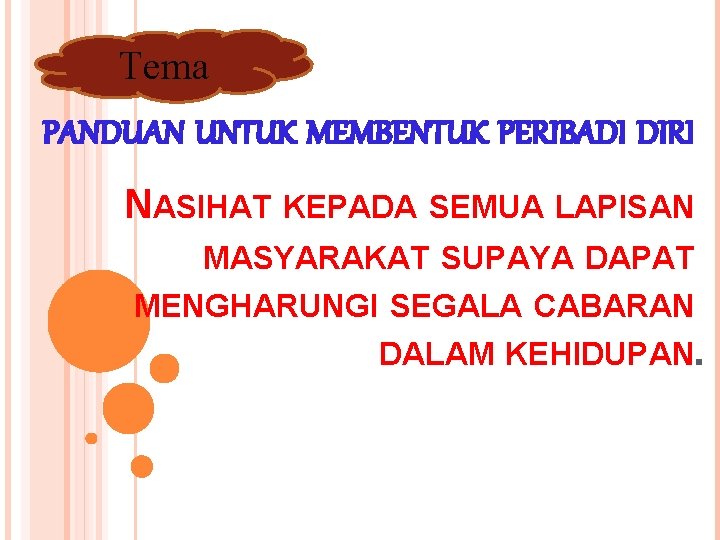 Tema PANDUAN UNTUK MEMBENTUK PERIBADI DIRI NASIHAT KEPADA SEMUA LAPISAN MASYARAKAT SUPAYA DAPAT MENGHARUNGI Tema PANDUAN UNTUK MEMBENTUK PERIBADI DIRI NASIHAT KEPADA SEMUA LAPISAN MASYARAKAT SUPAYA DAPAT MENGHARUNGI