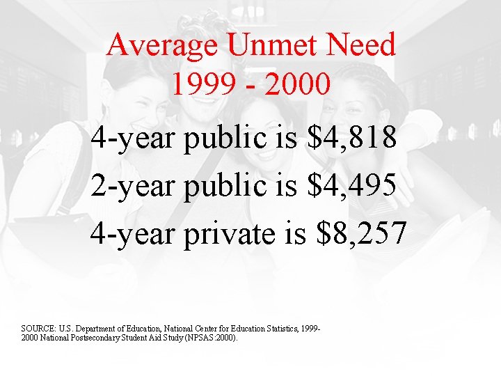 Average Unmet Need 1999 - 2000 4 -year public is $4, 818 2 -year