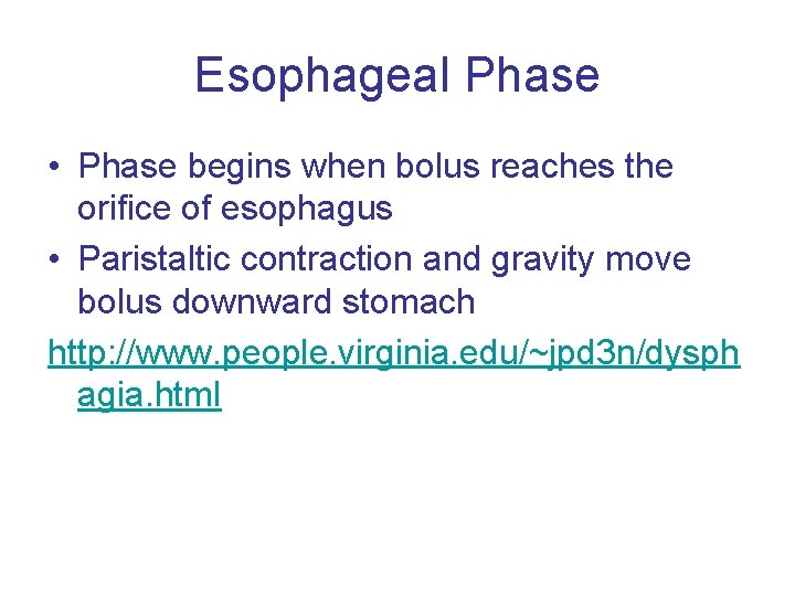 Esophageal Phase • Phase begins when bolus reaches the orifice of esophagus • Paristaltic