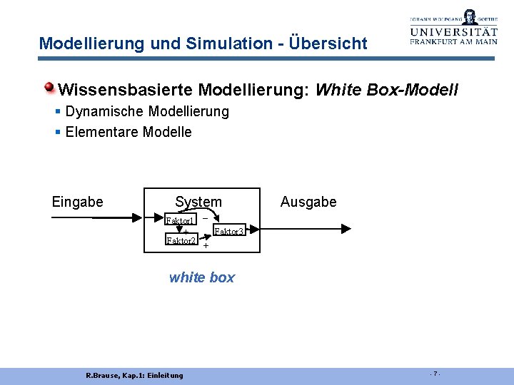 Modellierung und Simulation - Übersicht Wissensbasierte Modellierung: White Box-Modell § Dynamische Modellierung § Elementare