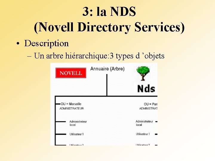 3: la NDS (Novell Directory Services) • Description – Un arbre hiérarchique: 3 types