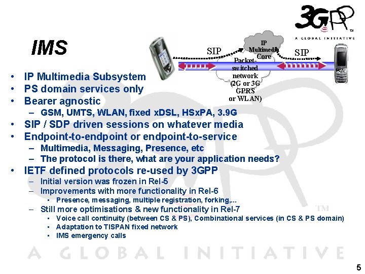 IMS SIP • IP Multimedia Subsystem • PS domain services only • Bearer agnostic IMS SIP • IP Multimedia Subsystem • PS domain services only • Bearer agnostic