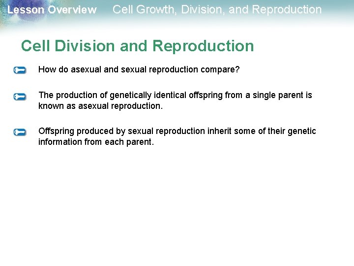 Lesson Overview Cell Growth, Division, and Reproduction Cell Division and Reproduction How do asexual