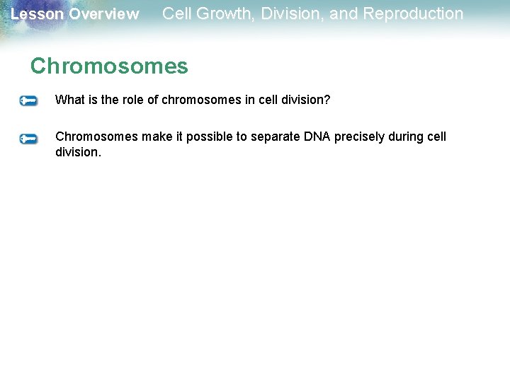 Lesson Overview Cell Growth, Division, and Reproduction Chromosomes What is the role of chromosomes